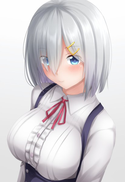 Anime picture 550x800 with kantai collection hamakaze destroyer tapisuke single tall image looking at viewer blush fringe short hair blue eyes silver hair hair over one eye girl dress