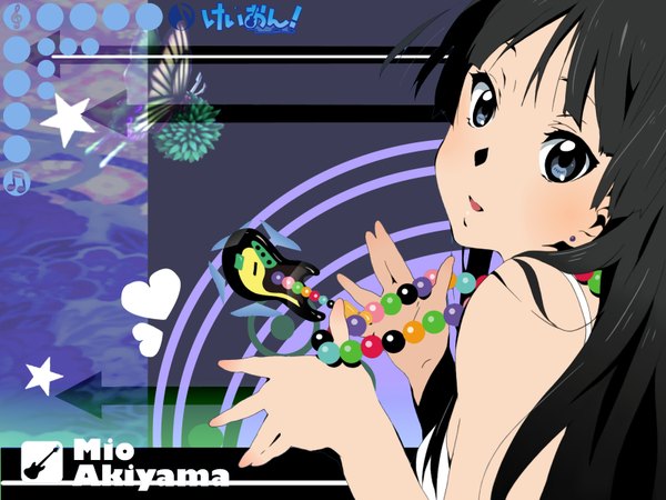 Anime picture 1600x1200 with k-on! kyoto animation akiyama mio single fringe open mouth black hair bare shoulders upper body head tilt looking back grey eyes character names girl earrings heart necklace beads stud earrings