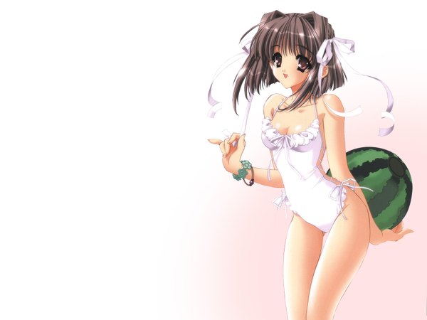 Anime picture 1600x1200 with carnelian short hair red eyes brown hair ribbon (ribbons) swimsuit food berry (berries) watermelon