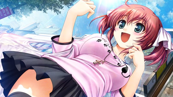 Anime picture 1280x720 with daitoshokan no hitsujikai kodachi nagi bekkankou blush short hair open mouth blue eyes wide image twintails game cg sky red hair short twintails girl skirt cross plastic bag