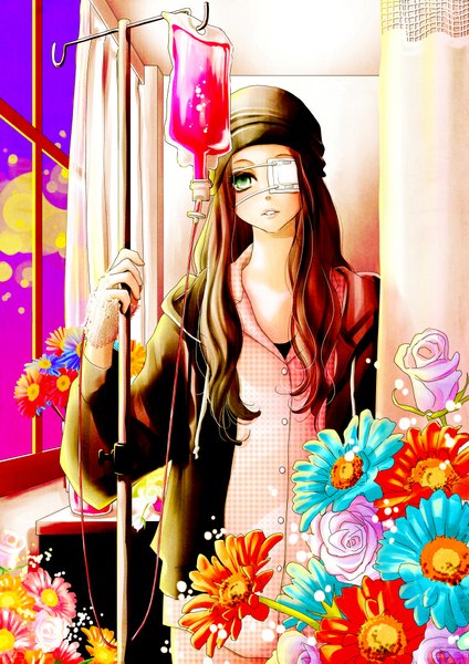 Anime picture 707x1000 with original yorimiyu single long hair tall image looking at viewer brown hair standing green eyes girl flower (flowers) window hood blood curtains eyepatch cap pajamas intravenous drip