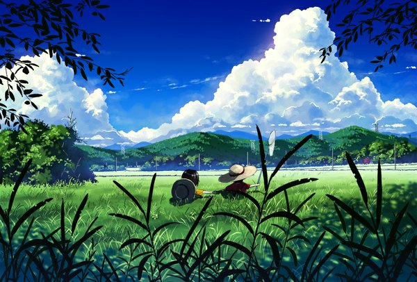 Anime picture 900x609 with original bokuden short hair black hair sky cloud (clouds) holding hands horizon mountain landscape walking scenic plant (plants) hat tree (trees) child (children) straw hat torii power lines