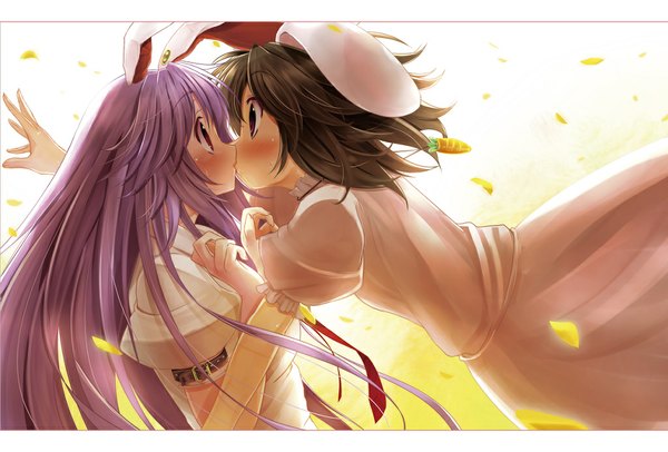 Anime picture 1025x695 with touhou reisen udongein inaba inaba tewi scarlet (studioscr) long hair blush short hair red eyes brown hair multiple girls purple hair bunny ears bunny girl shoujo ai kiss girl ribbon (ribbons) 2 girls petals vegetables