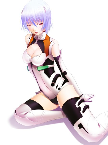 Anime picture 750x1000 with neon genesis evangelion rebuild of evangelion evangelion: 2.0 you can (not) advance gainax ayanami rei shokuyou mogura single tall image looking at viewer short hair breasts open mouth light erotic simple background red eyes white background blue hair girl gloves elbow gloves