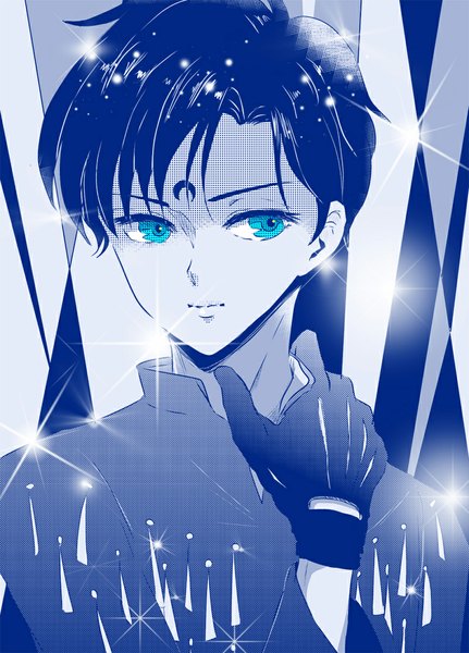 Anime picture 800x1113 with bishoujo senshi sailor moon toei animation safire single tall image short hair blue eyes blue hair looking away monochrome blue skin boy gloves