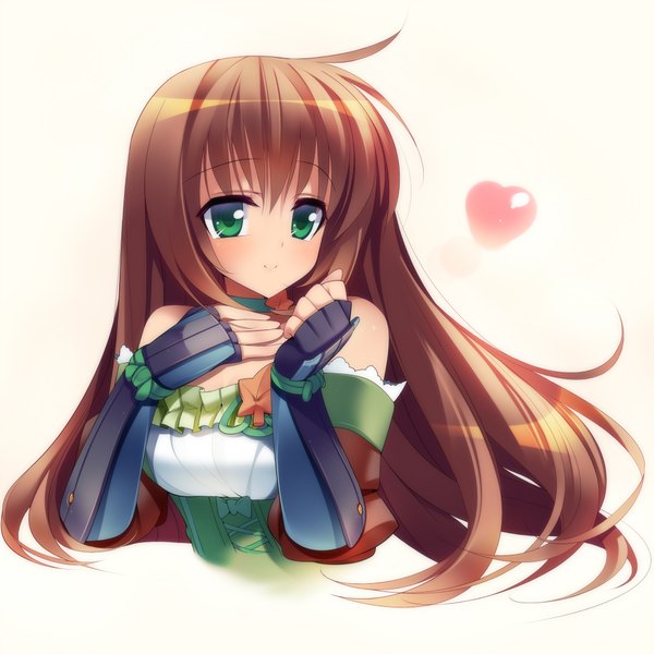 Anime picture 2000x2000 with sengoku hime dragonmaterial single long hair highres simple background smile brown hair white background green eyes girl detached sleeves heart
