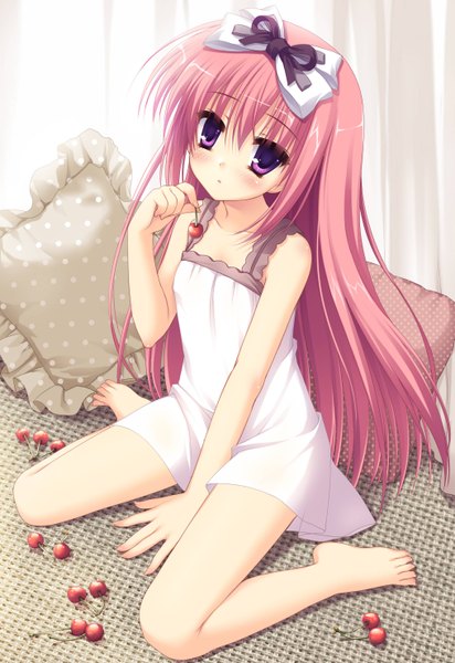 Anime picture 2031x2952 with kazehare chika aka lin single long hair tall image looking at viewer highres purple eyes pink hair loli girl dress bow hair bow food pillow sundress berry (berries) cherry
