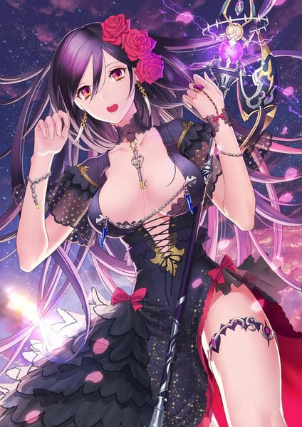 Anime picture 707x1000 with original yukichi (pixiv) single long hair tall image breasts open mouth light erotic black hair red eyes large breasts hair flower night night sky girl dress hair ornament flower (flowers) ribbon (ribbons) choker