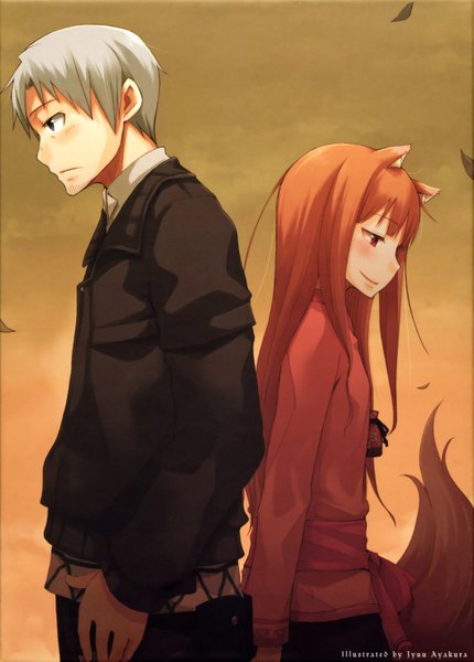 Anime picture 1057x1474 with spice and wolf horo craft lawrence long hair tall image blush red eyes brown hair standing animal ears white hair flat chest wolf ears back to back wolf tail wolf girl girl jacket belt leaf (leaves)