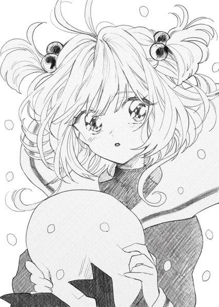 Anime picture 1009x1419 with card captor sakura clamp kinomoto sakura rohriya single tall image blush fringe short hair looking away ahoge wind two side up monochrome hat removed girl uniform hat petals serafuku