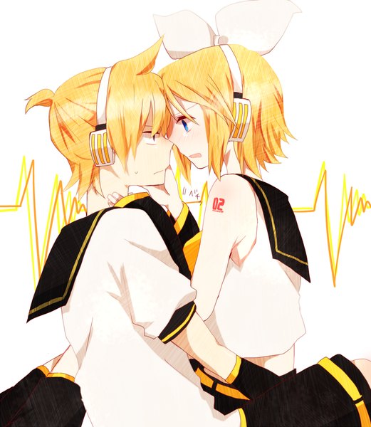 Anime picture 1000x1150 with vocaloid kagamine rin kagamine len monaco0704 tall image short hair open mouth blue eyes blonde hair simple background white background bare shoulders ponytail profile face to face twins brother and sister girl boy bow