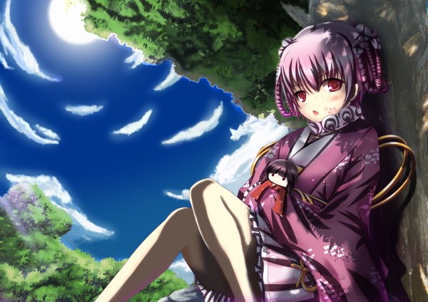 Anime picture 2500x1768 with sengoku taisen sena (sengoku taisen) mijinko (bat rockers) blush highres short hair open mouth red eyes pink hair cloud (clouds) japanese clothes girl plant (plants) tree (trees) kimono doll (dolls)