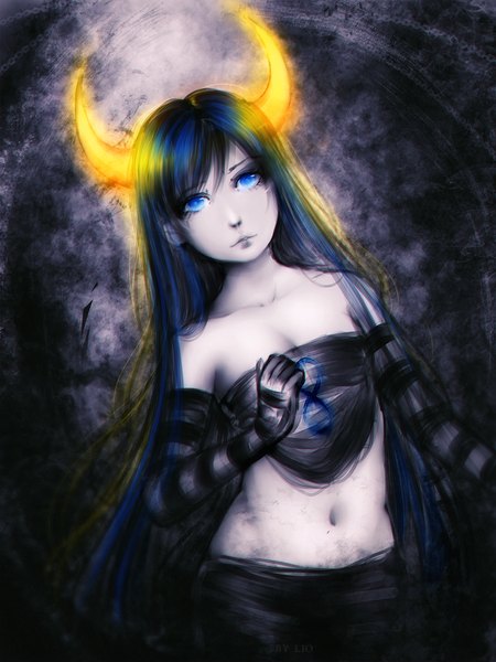 Anime picture 1000x1333 with original lio sun (artist) single long hair tall image blue eyes blue hair horn (horns) midriff glowing dark background pale skin girl gloves navel elbow gloves