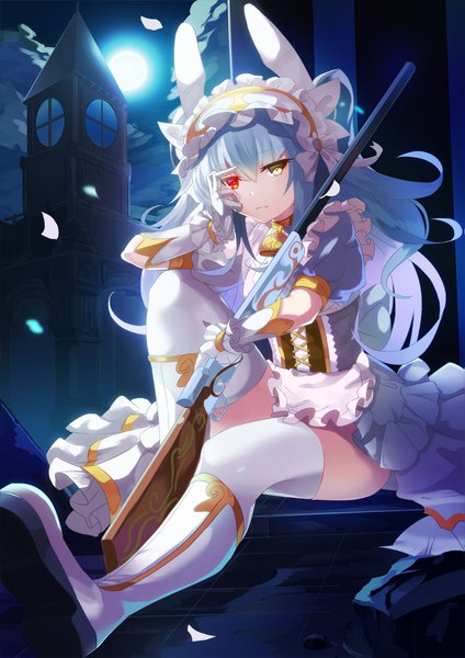Anime picture 1103x1559 with original rin falcon single long hair tall image looking at viewer fringe light erotic hair between eyes red eyes sitting holding yellow eyes blue hair bent knee (knees) night short sleeves maid zettai ryouiki puffy sleeves