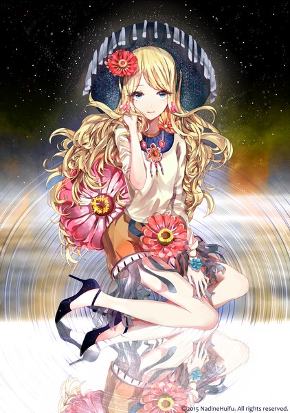 Anime picture 1494x2125 with original nadinehuifu single long hair tall image looking at viewer blue eyes blonde hair smile sitting hair flower from above night high heels night sky adjusting hair reflection wavy hair girl skirt