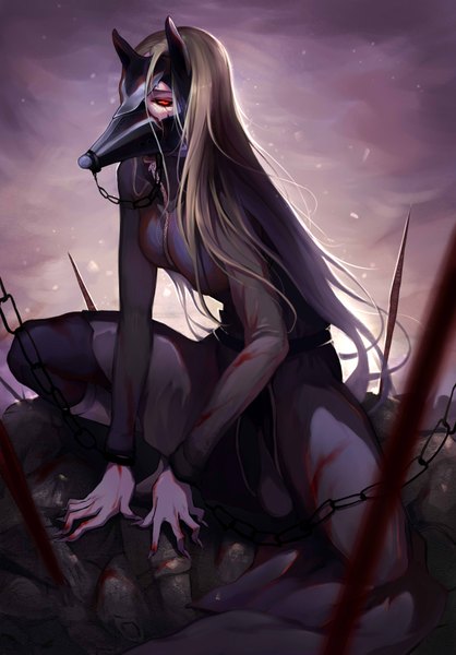 Anime picture 2480x3555 with tokyo ghoul studio pierrot irimi kaya cr single long hair tall image looking at viewer highres red eyes brown hair bent knee (knees) horn (horns) squat blood stains girl chain mask