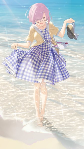 Anime picture 640x1136 with fate (series) fate/grand order mash kyrielight hayashi kewi single tall image fringe short hair open mouth holding pink hair full body eyes closed hair over one eye sparkle beach partially submerged ^ ^ plaid shoes removed