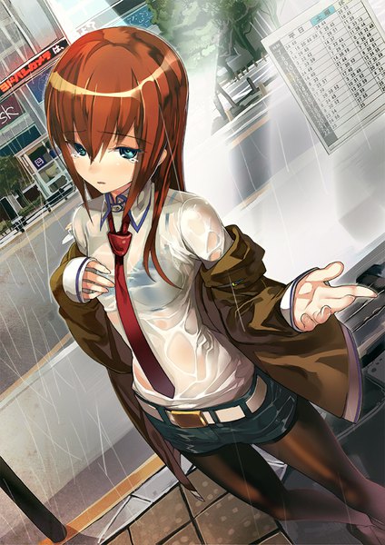 Anime picture 679x960 with steins;gate white fox makise kurisu yamacchi single long hair tall image looking at viewer blush fringe blue eyes light erotic hair between eyes brown hair outdoors parted lips aqua eyes wet dutch angle tears