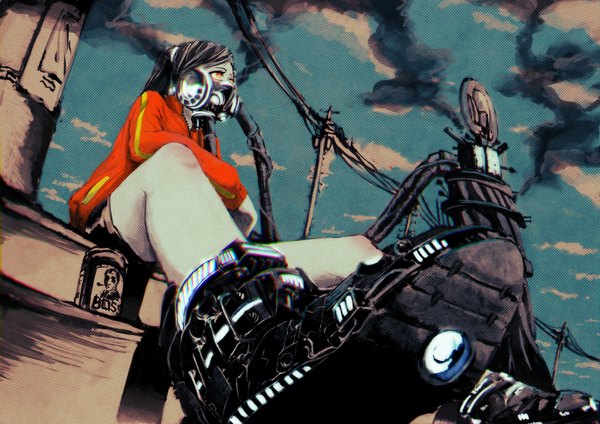 Anime picture 3508x2480 with original samidare (okayou) single long hair highres black hair sitting looking away absurdres sky cloud (clouds) bent knee (knees) orange eyes looking up smoke girl jacket boots power lines gas mask