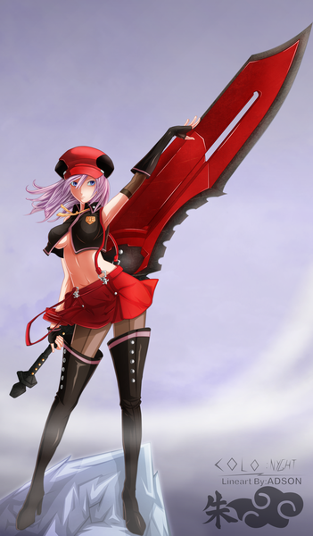Anime picture 1344x2292 with god eater god eater burst ufotable alisa ilinichina amiella dark-nyghtmare single long hair tall image blue eyes light erotic pink hair coloring girl weapon miniskirt thigh boots peaked cap huge weapon huge sword