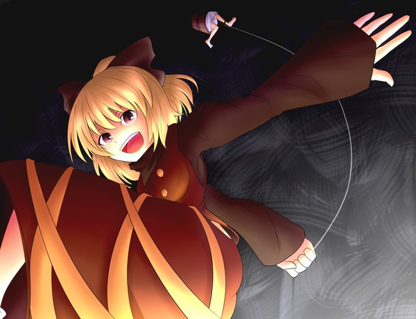 Anime picture 2600x2000 with touhou kurodani yamame kisume vegas (akg) highres short hair open mouth simple background blonde hair brown eyes long sleeves grey background girl bow hair bow