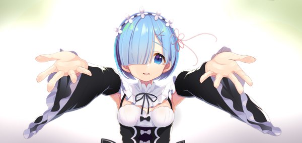 Anime picture 5900x2803 with re:zero kara hajimeru isekai seikatsu white fox rem (re:zero) at-yui fringe highres short hair open mouth blue eyes wide image blue hair absurdres hair over one eye maid spread arms girl dress uniform detached sleeves frills