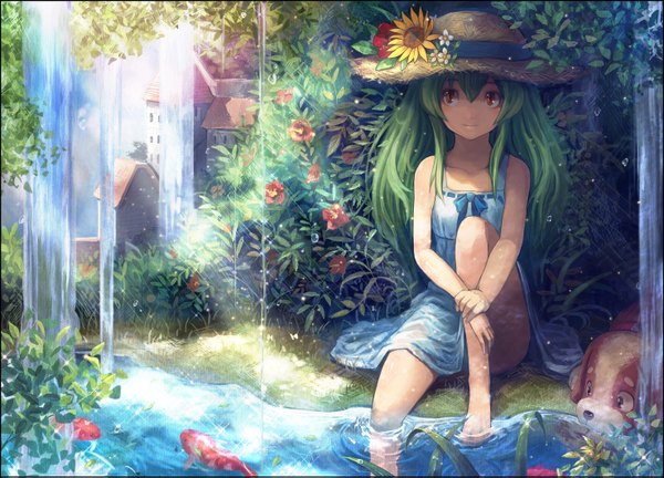 Anime picture 1476x1063 with original matsumoto mitsuaki long hair barefoot green hair orange eyes girl flower (flowers) plant (plants) hat water sundress fish (fishes) straw hat dog