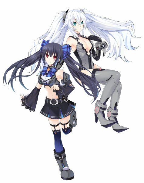 Anime picture 1900x2400 with choujigen game neptune kami jigen game neptune v noire black heart long hair tall image looking at viewer blush highres breasts blue eyes light erotic black hair simple background red eyes white background twintails multiple girls white hair girl