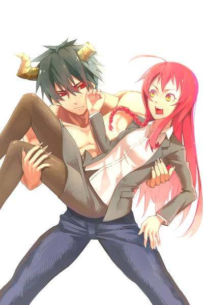 Anime picture 3353x4960 with hataraku maou-sama! white fox yusa emi maou sadao gamma (geoffrey) long hair tall image highres short hair open mouth black hair simple background red eyes white background yellow eyes absurdres ahoge red hair horn (horns) girl