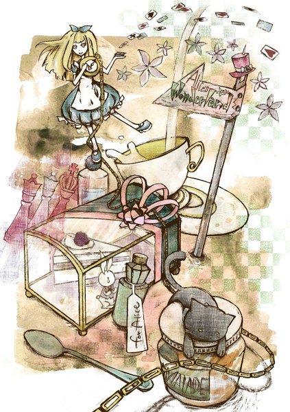 Anime picture 1047x1484 with alice in wonderland alice (wonderland) white rabbit romasu (artist) long hair tall image blonde hair minigirl girl flower (flowers) bow hair bow chain cat bottle bunny card (cards) top hat chess
