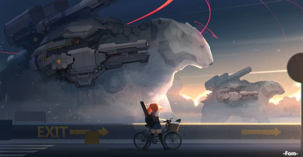 Anime picture 2500x1299 with original fom (lifotai) long hair highres wide image twintails signed cloud (clouds) outdoors pleated skirt sunlight orange hair night night sky text english walking mechanical morning sunrise