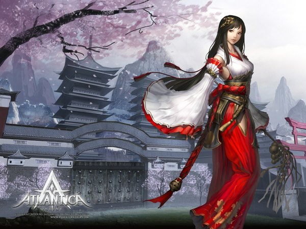 Anime picture 1600x1200 with atlantica online single long hair highres black hair brown eyes japanese clothes miko dress detached sleeves