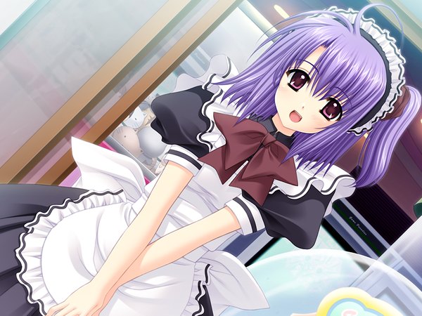 Anime picture 1024x768 with shuffle! single short hair open mouth purple eyes game cg purple hair ahoge maid girl