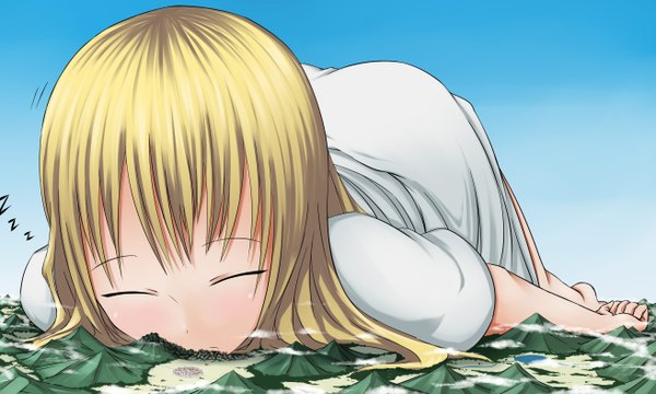 Anime picture 2625x1575 with original terada ochiko single long hair highres blonde hair wide image cloud (clouds) lying eyes closed mountain sleeping giant girl