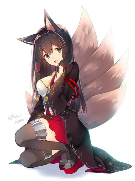 Anime picture 598x800 with kantai collection azur lane akagi aircraft carrier akagi (azur lane) hatori piyoko single long hair tall image looking at viewer fringe breasts open mouth light erotic black hair smile large breasts white background animal ears full body tail