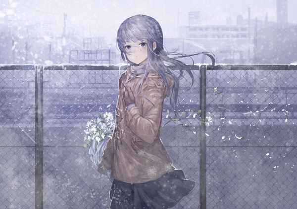 Anime picture 1228x868 with original koruse single long hair looking at viewer blue eyes blue hair girl skirt gloves flower (flowers) petals jacket bouquet fence