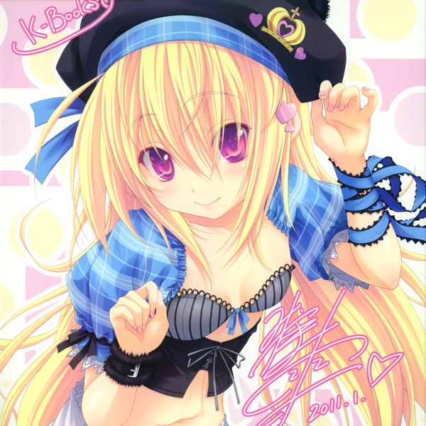 Anime picture 3468x3468 with miyama zero long hair highres light erotic blonde hair signed pink hair absurdres girl hair ornament ribbon (ribbons) hat heart heart hair ornament