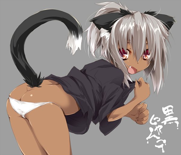 Anime picture 1000x855 with original matsuno canel single short hair open mouth light erotic red eyes animal ears silver hair ass cat ears cat girl cat tail girl underwear panties t-shirt