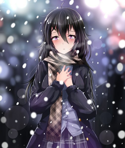 Anime picture 830x984 with original miyaura sanshio beifeng han single long hair tall image looking at viewer blush fringe breasts black hair hair between eyes large breasts standing purple hair ahoge outdoors blurry :o hand on chest