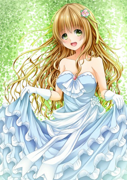 Anime picture 706x1000 with original creek (moon-sky) long hair tall image looking at viewer blush open mouth blonde hair bare shoulders green eyes hair flower girl dress hair ornament flower (flowers)