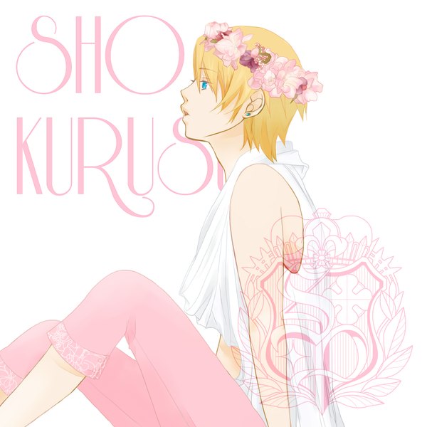 Anime picture 1700x1700 with uta no prince-sama a-1 pictures kurusu shou mei pixiv1065105 single short hair open mouth blue eyes simple background blonde hair white background sitting bare shoulders profile hair flower sleeveless singing boy hair ornament flower (flowers)