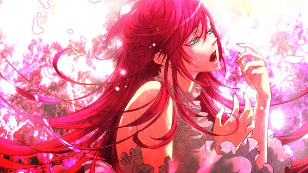 Anime picture 1920x1080 with vocaloid megurine luka double click single long hair highres wide image bare shoulders red hair nail polish aqua eyes fingernails long fingernails girl flower (flowers) earrings