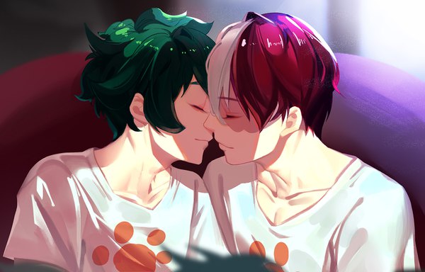 Anime picture 1599x1024 with boku no hero academia studio bones todoroki shouto midoriya izuku kitsune (pixiv5601263) short hair white hair red hair eyes closed multicolored hair green hair two-tone hair multiple boys couple scar shaded face shounen ai almost kiss boy 2 boys