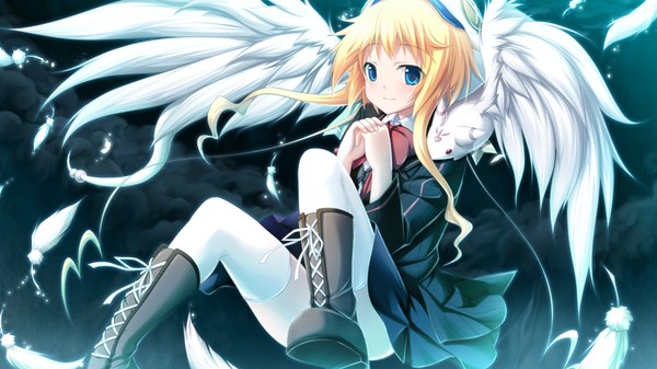 Anime picture 1024x576 with soukoku no arterial long hair blue eyes blonde hair wide image game cg girl thighhighs skirt uniform school uniform miniskirt white thighhighs wings boots feather (feathers)