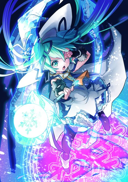 Anime picture 1646x2332 with vocaloid suki! yuki! maji magic (vocaloid) hatsune miku yuki miku yuki miku (2014) 778-go single long hair tall image open mouth twintails very long hair one eye closed aqua eyes from above wink aqua hair magic snowing hand on face