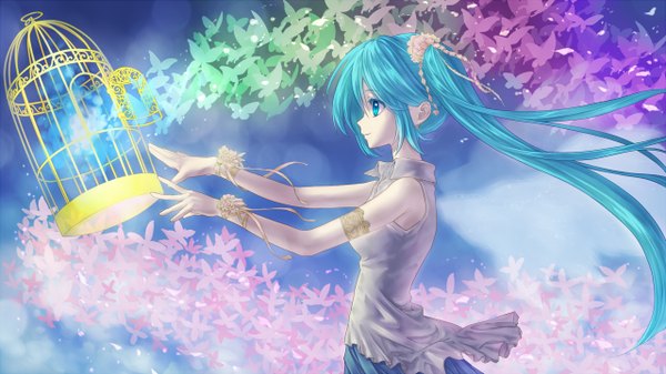 Anime picture 1280x720 with vocaloid hatsune miku yuuno (hack y) single long hair wide image twintails profile aqua eyes aqua hair outstretched arm girl wings insect butterfly wrist cuffs cage
