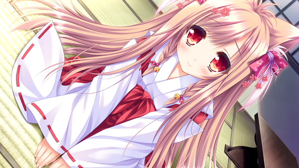 Anime picture 1280x720 with tayutama 2 mito kohaku single long hair looking at viewer blush red eyes brown hair wide image animal ears game cg traditional clothes japanese clothes miko girl hair ornament bow hair bow hakama
