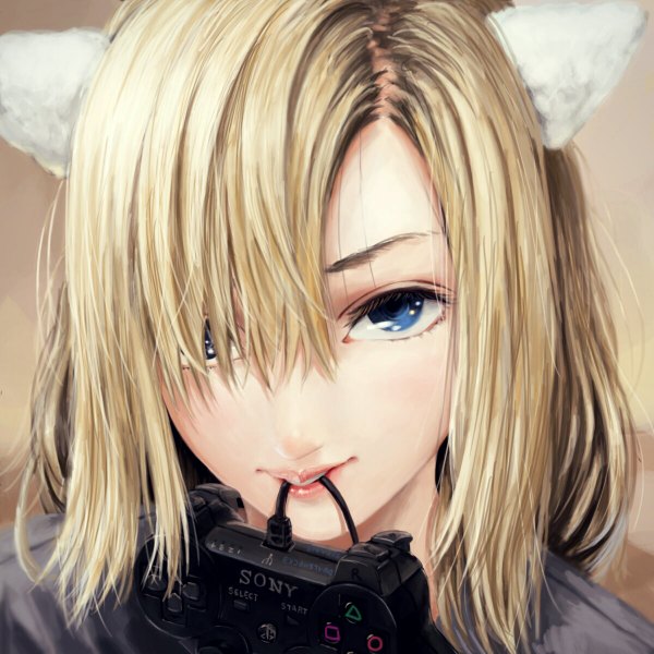 Anime picture 1200x1200 with original sony namako mikan single looking at viewer blush fringe short hair blue eyes simple background blonde hair smile hair between eyes holding animal ears upper body light smile lips cat ears hair over one eye