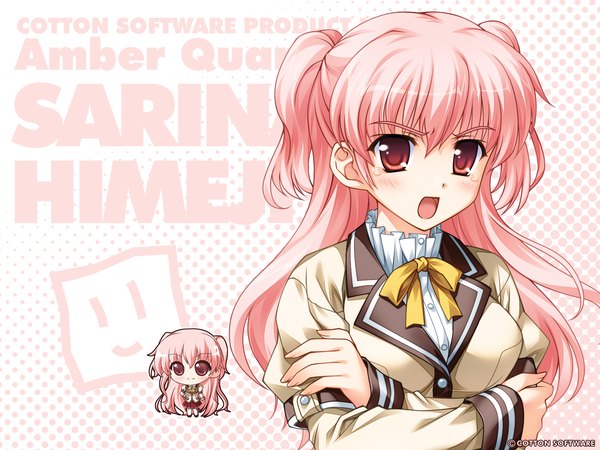 Anime picture 1600x1200 with amber quartz himeji sarina ankoromochi single long hair blush open mouth pink hair pink eyes two side up wallpaper copyright name character names crossed arms girl uniform school uniform teardrop