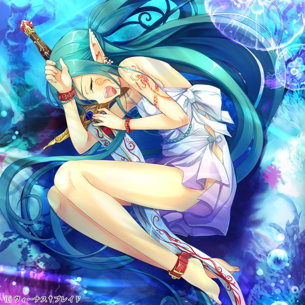 Anime picture 1200x1200 with venus blade yamacchi single long hair open mouth bare shoulders lying eyes closed barefoot pointy ears aqua hair tattoo girl earrings sword bracelet collar bubble (bubbles) jellyfish